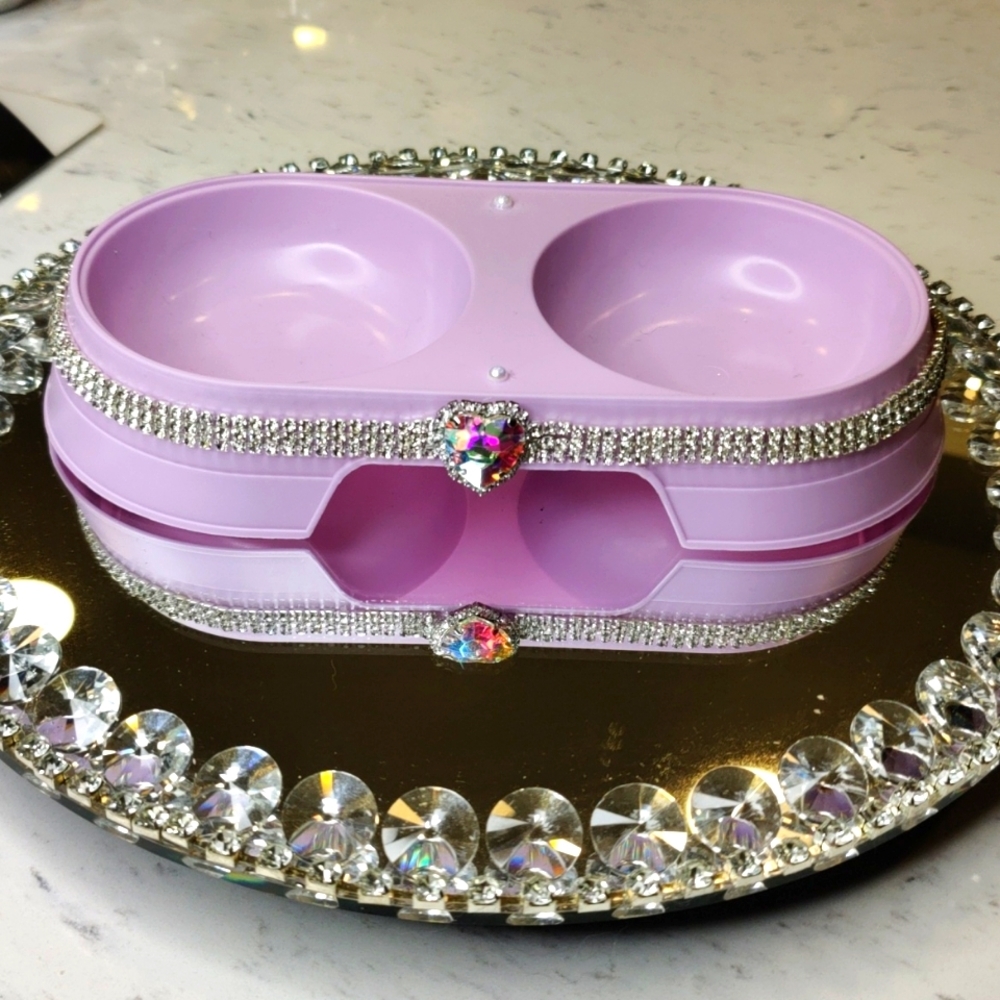 Purple rhinestone Heart pet bowl